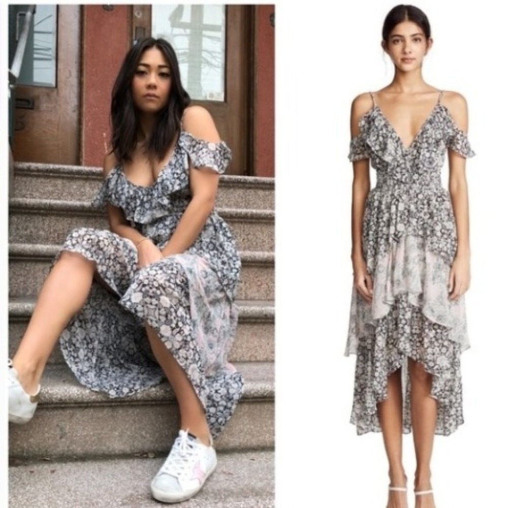 MISA Los Angeles Idalia Dress Floral Ruffle Cold‎ Shoulder Maxi Dress Size M EUC
